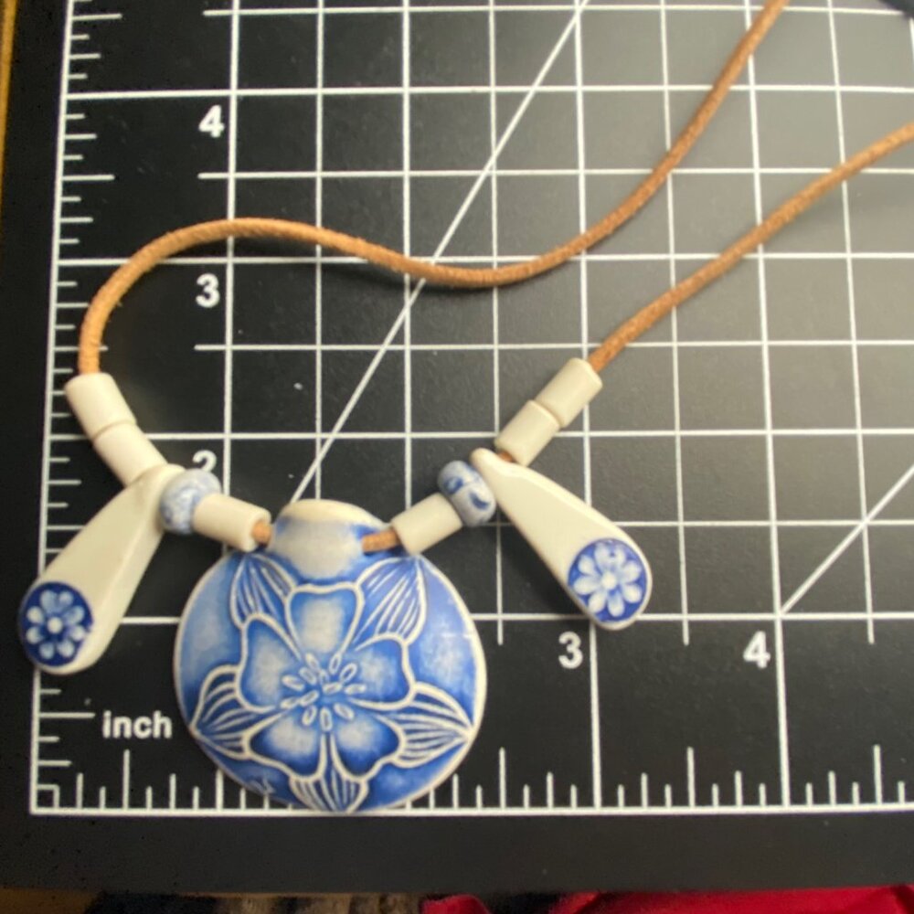 Blue White Ceramic Floral Pendant Necklace Adj Brown Suede Cord 24" Cottagecore - Picture 6 of 6